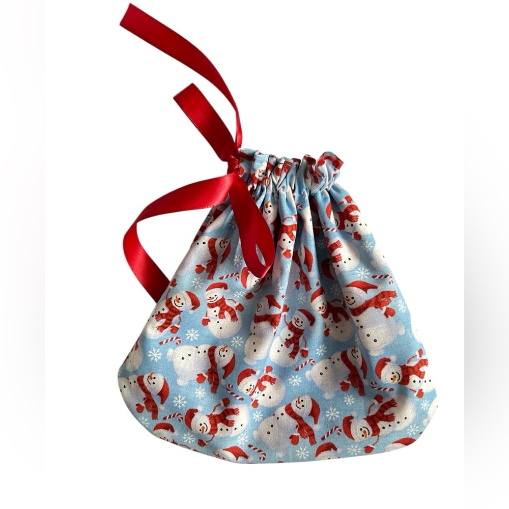 Hand Crafted Snowman Drawstring Gift Bag with Red Ribbon Eco Friendly Reusable